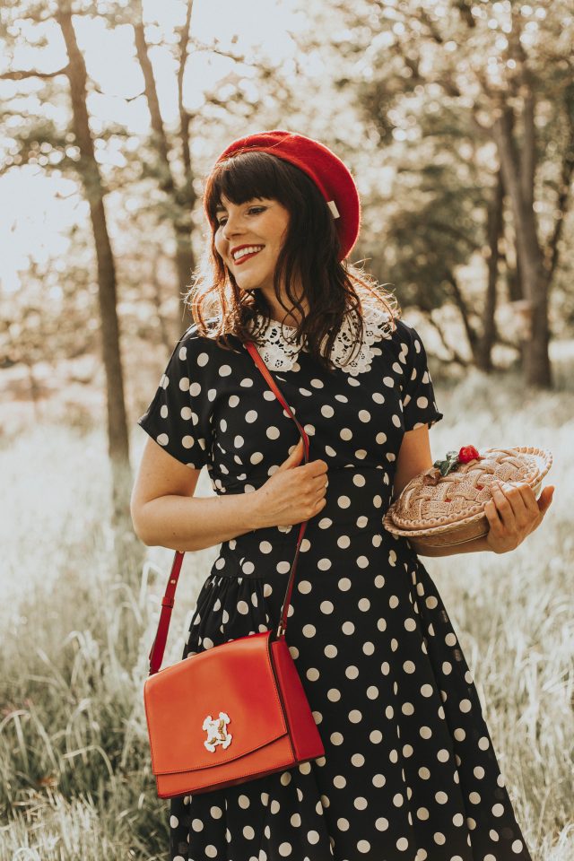 Unique Vintage 1940s Navy & White Polka Dot Lace Collar Margie Dress, Unique Vintage, 1940s inspired dress, lace collar, vintage fashion, polka dot dress, red beret, Tous bag,