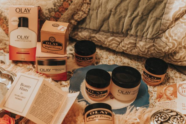 Vintage cosmetics you can still buy today, vintage cosmetic packaging then and now, vintage Avon you can still buy today, vintage Oil of Olay packaging, vintage Oil of Olay, Avon Moisture Rich face cream, vintage Avon skin softeners,
