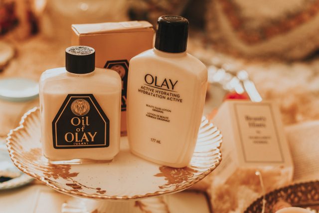 Vintage cosmetics you can still buy today, vintage cosmetic packaging then and now, vintage Avon you can still buy today, vintage Oil of Olay packaging, vintage Oil of Olay, Avon Moisture Rich face cream, vintage Avon skin softeners,