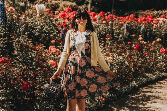 Butchart Gardens, Rose Garden, Summer 2019, Afternoon Tea, summer, Victoria, Unique Vintage, Unique Vintage 1960s Style Pink Floral & Large Ivory Bow Tie Marin Flare Dress, 1960s fashion