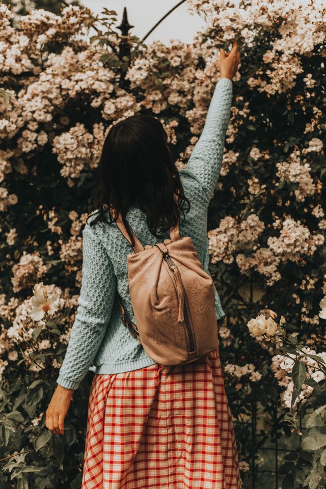 Aimee Kestenberg, TAMITHA BACKPACK, Unique Vintage, pink bubble leather backpack, Unique Vintage 1950s Style Raspberry Pink Plaid Doheny Swing Dress