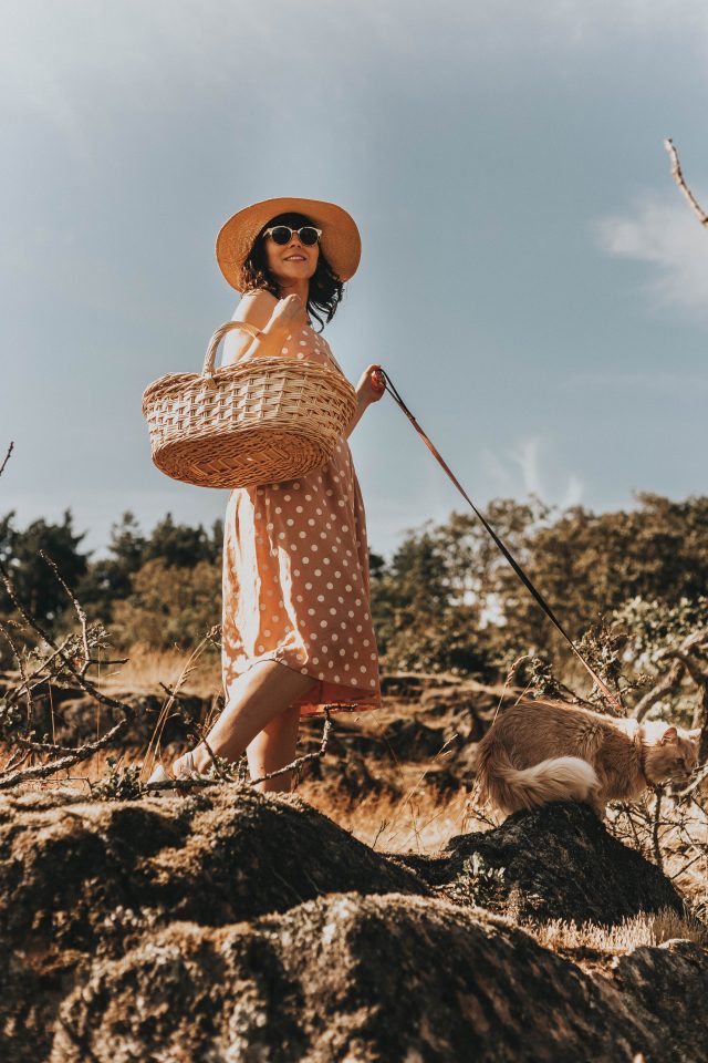 Unique Vintage Peach & White Polka Dot Wide Leg Nancy Romper, Unique Vintage, vintage Romper, vintage style, picnic with your cat, walking your cat