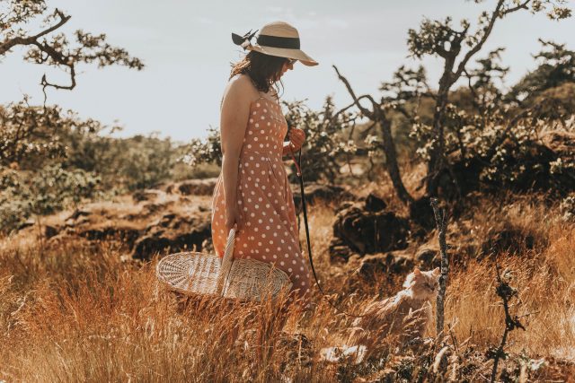 Unique Vintage Peach & White Polka Dot Wide Leg Nancy Romper, Unique Vintage, vintage Romper, vintage style, picnic with your cat, walking your cat