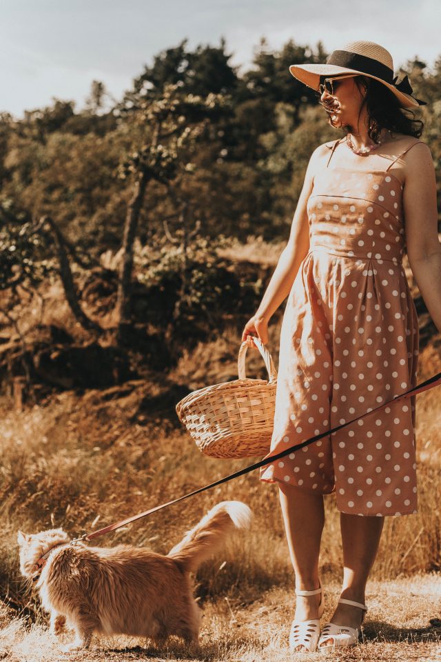 Unique Vintage Peach & White Polka Dot Wide Leg Nancy Romper, Unique Vintage, vintage Romper, vintage style, picnic with your cat, walking your cat