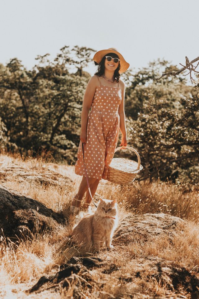 Unique Vintage Peach & White Polka Dot Wide Leg Nancy Romper, Unique Vintage, vintage Romper, vintage style, picnic with your cat, walking your cat