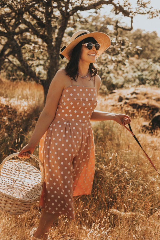 Unique Vintage Peach & White Polka Dot Wide Leg Nancy Romper, Unique Vintage, vintage Romper, vintage style, picnic with your cat, walking your cat