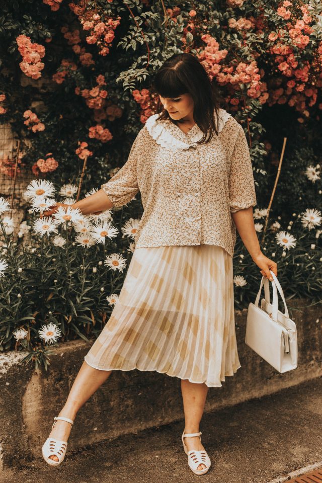 Cary Castle Mews and Tea Room, Government House, Costume Museum, True Adorer Check Pleated Midi Skirt in Yellow, Nostalgic Melody Floret Print Sheer Shirt in Cream, Chic Wish