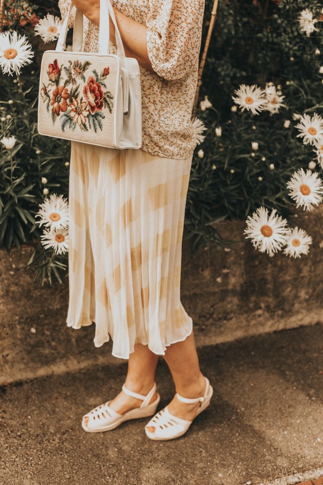 Cary Castle Mews and Tea Room, Government House, Costume Museum, True Adorer Check Pleated Midi Skirt in Yellow, Nostalgic Melody Floret Print Sheer Shirt in Cream, Chic Wish
