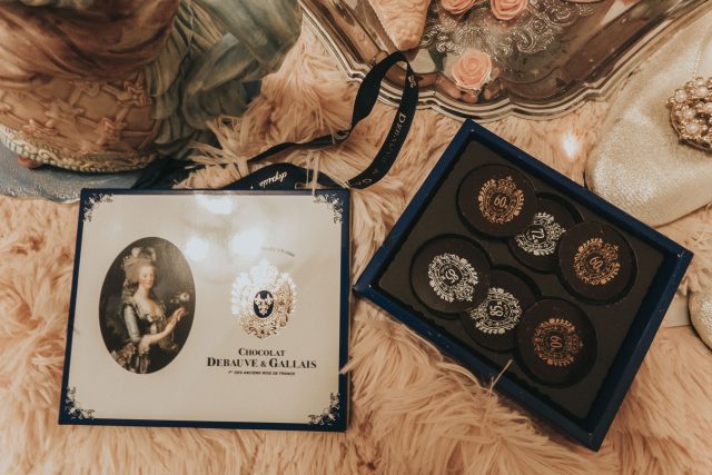 Marie Antoinette, Marie Antoinette beauty products, Marie Antoinette Tea, Marie Antoinette chocolate, Nina's Paris Marie Antoinette Tea, Lubin Black Jade Perfume, Debauve & Gallais, the queen's coins chocolate, Sofia Coppola Marie Antoinette