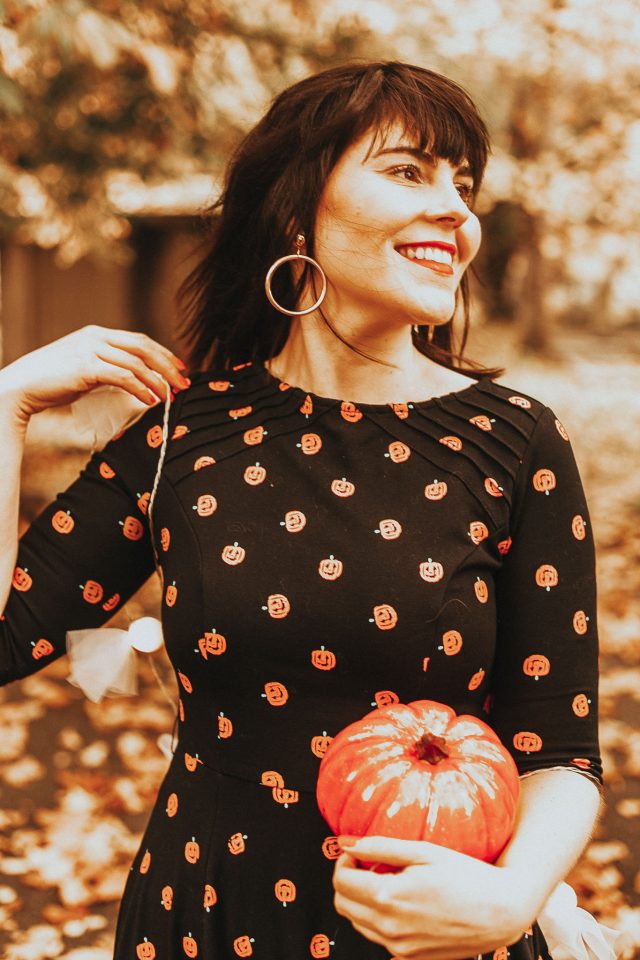 Unique Vintage Black & Orange Pumpkin Patch Knit Flare Dress, Halloween Fashion, Vintage Halloween Fashion, Vintage Style,