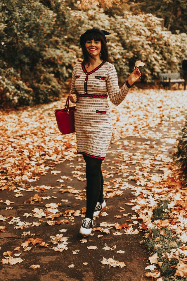 Chic Wish, Faux Pearl Trim Dotted Line Pattern Knit Midi Dress, knitted dress, vintage dress, vintage autumn dress, vintage style