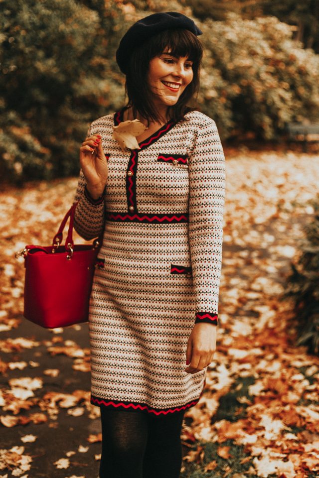 Chic Wish, Faux Pearl Trim Dotted Line Pattern Knit Midi Dress, knitted dress, vintage dress, vintage autumn dress, vintage style