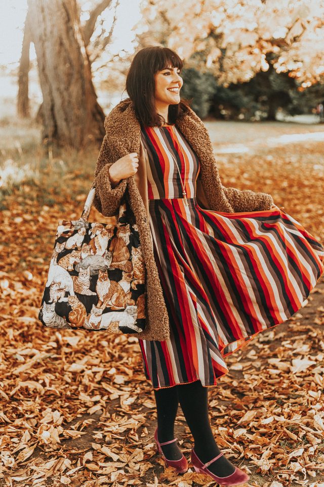 Bright & Beautiful BRIGHT & BEAUTIFUL ASTRID AUTUMN STRIPE DRESS, Collectif, vintage fall fashion, vintage autumn, Feeling of Warmth Faux Fur Longline Coat in Brown, Chic Wish, vintage Fashion, vintage style, quilted bag