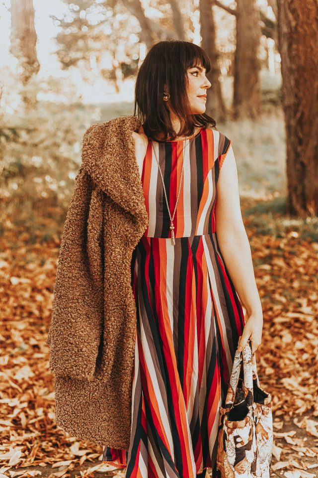 Bright & Beautiful BRIGHT & BEAUTIFUL ASTRID AUTUMN STRIPE DRESS, Collectif, vintage fall fashion, vintage autumn, Feeling of Warmth Faux Fur Longline Coat in Brown, Chic Wish, vintage Fashion, vintage style, quilted bag