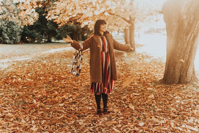 Bright & Beautiful BRIGHT & BEAUTIFUL ASTRID AUTUMN STRIPE DRESS, Collectif, vintage fall fashion, vintage autumn, Feeling of Warmth Faux Fur Longline Coat in Brown, Chic Wish, vintage Fashion, vintage style, quilted bag