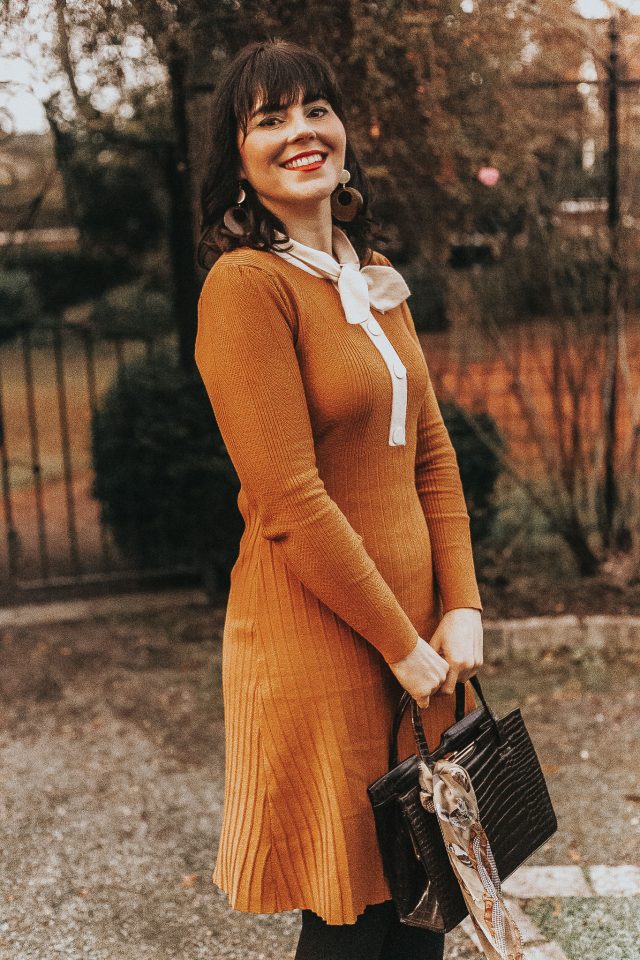 Self-Tied Bowknot Neck Knit Midi Dress in Mustard, Chic Wish, vintage inspired fashion, vintage knit dress