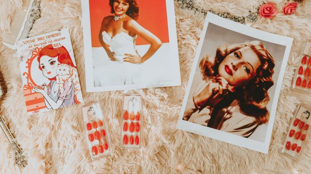 History of the red manicure, resuseable pop on manicure, old hollywood red nails, red pop on manicure, old hollywood inspired manicure, the most iconic red manicures in hollwyood history, rita hayworth nails, 